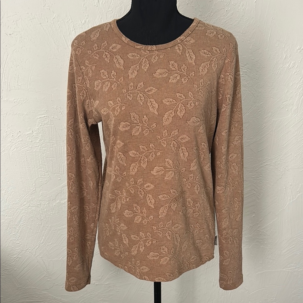Woolrich Tan Ribbed Leaf Floral Long Sleeve Tee